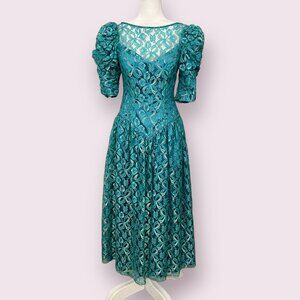 Vintage Teal Lace Puff Sleeve Party Dress Sz 10 union Made USA 80s Bow Back Gown